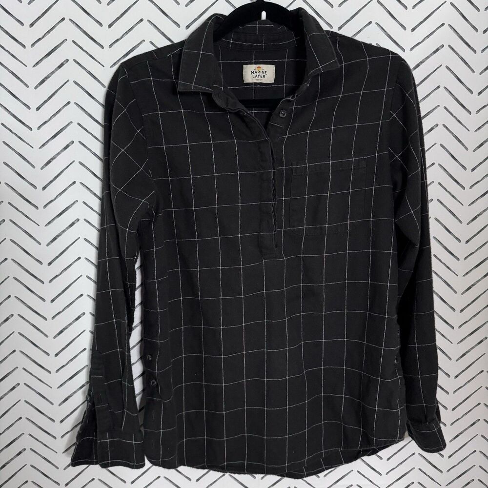 Marine Layer Kierra‎ Flannel Shirt Windowpane Plaid Organic Cotton Size Medium